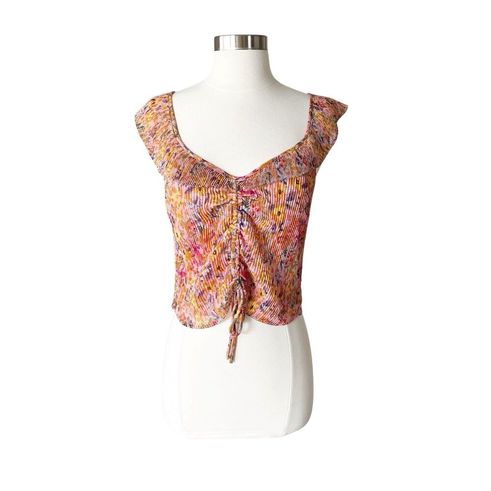 ASTR Rue Top M Multicolor Floral Pleated Cap Flutter Sleeve Drawstring Side Zip